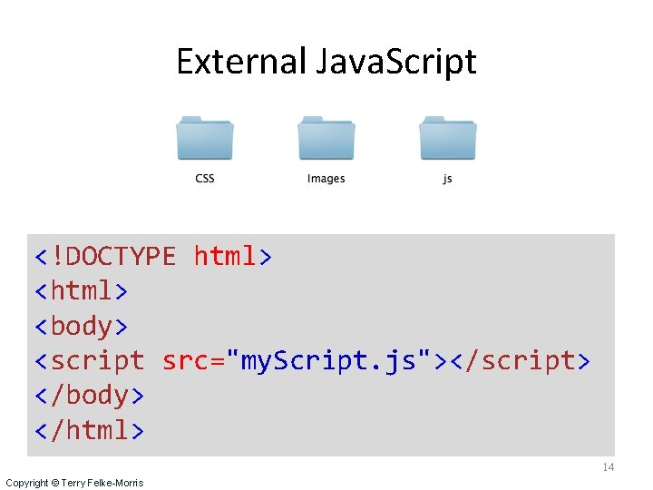 External Java. Script <!DOCTYPE html> <body> <script src="my. Script. js"></script> </body> </html> 14 Copyright