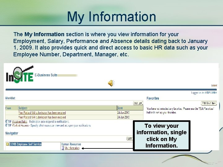 My Information The My Information section is where you view information for your Employment,