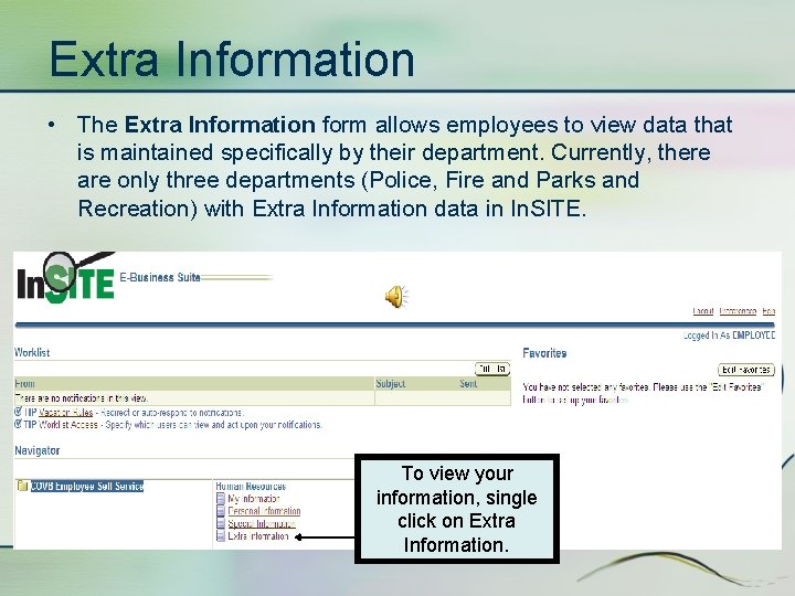 Extra Information • The Extra Information form allows employees to view data that is