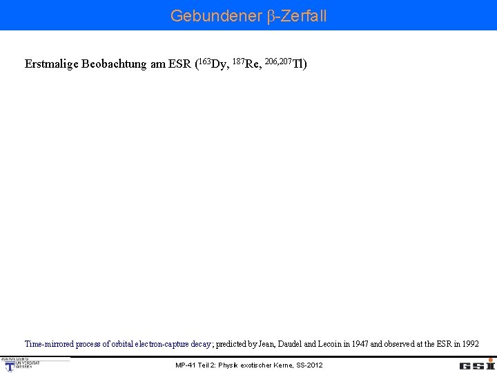 Gebundener β-Zerfall Erstmalige Beobachtung am ESR (163 Dy, 187 Re, 206, 207 Tl) Time-mirrored