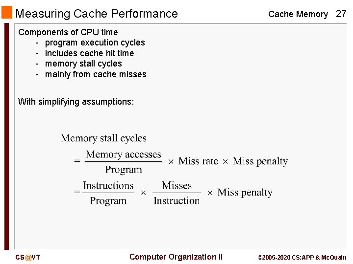 Measuring Cache Performance Cache Memory 27 Components of CPU time - program execution cycles