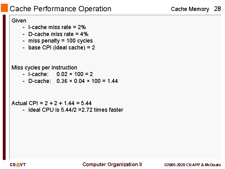 Cache Performance Operation Given - Cache Memory 28 I-cache miss rate = 2% D-cache