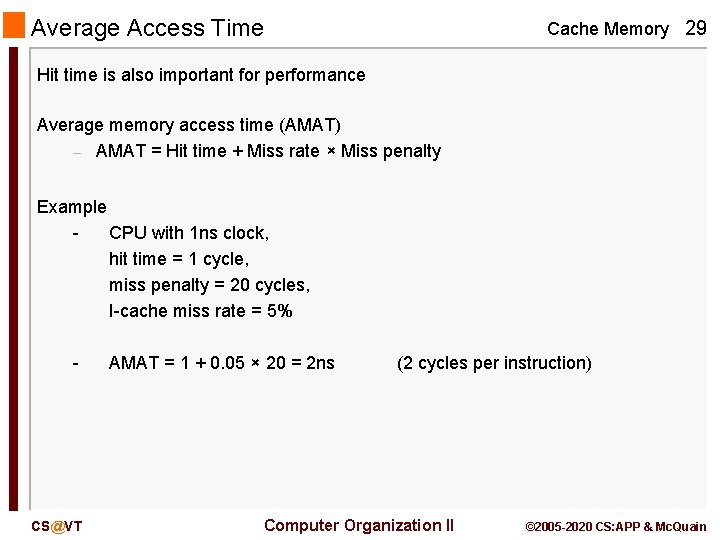 Average Access Time Cache Memory 29 Hit time is also important for performance Average