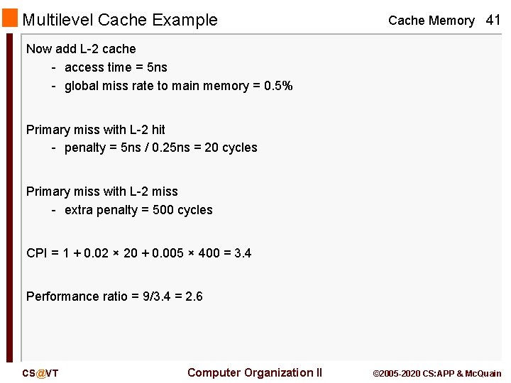 Multilevel Cache Example Cache Memory 41 Now add L-2 cache - access time =
