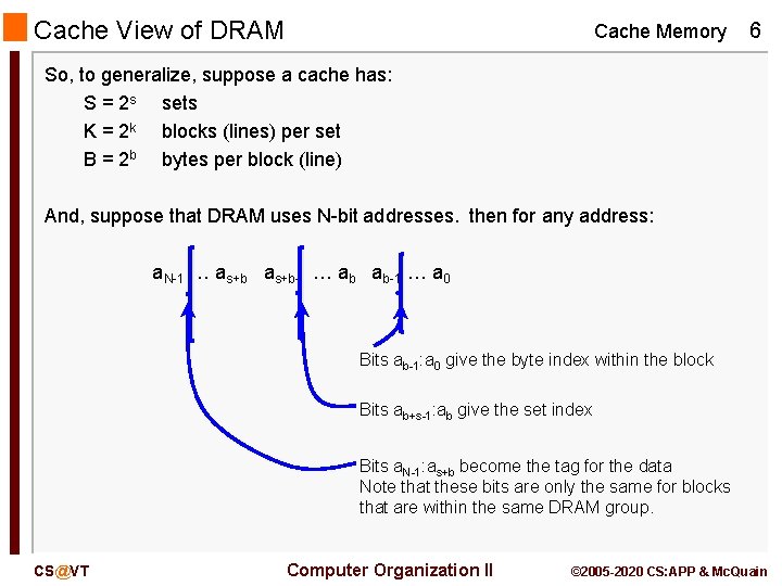 Cache View of DRAM Cache Memory 6 So, to generalize, suppose a cache has:
