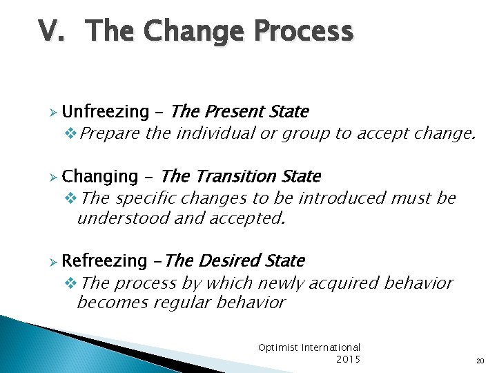 V. The Change Process Ø Ø Unfreezing – The Present State v. Prepare the