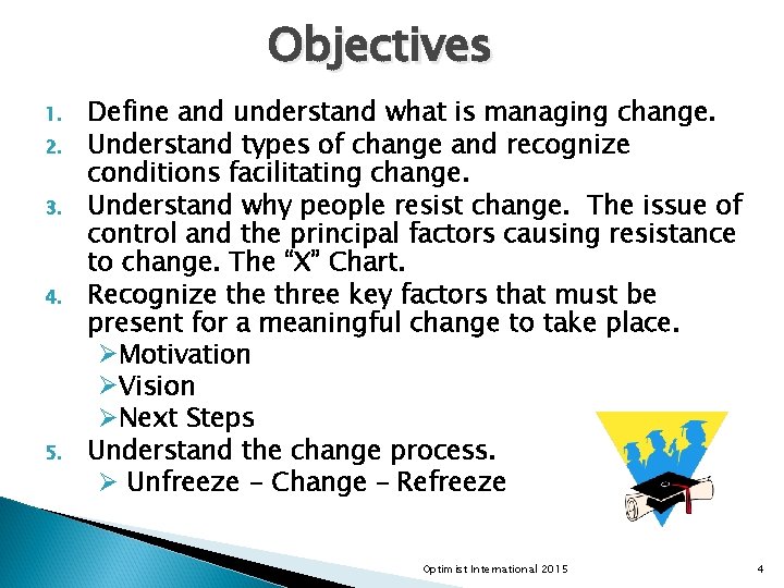 Objectives 1. 2. 3. 4. 5. Define and understand what is managing change. Understand