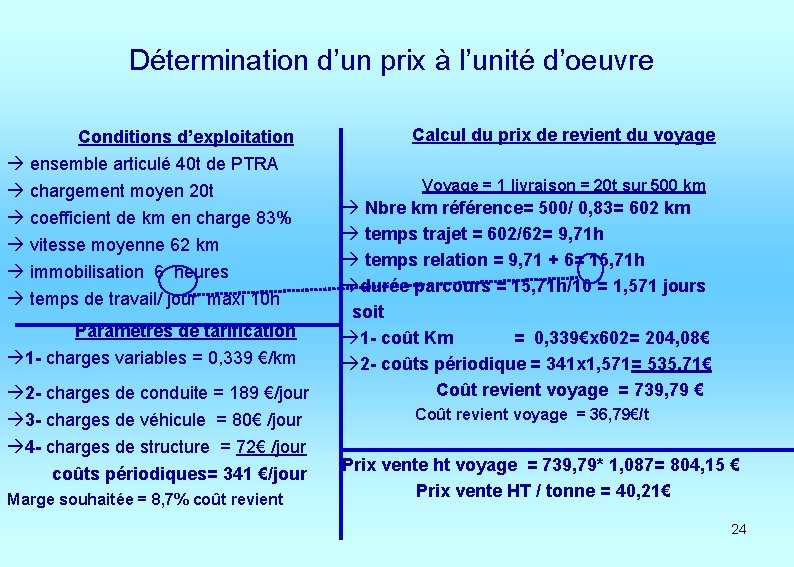 Détermination d’un prix à l’unité d’oeuvre Conditions d’exploitation à ensemble articulé 40 t de