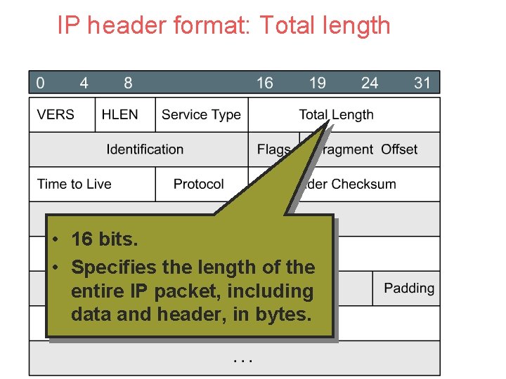 IP header format: Total length • 16 bits. • Specifies the length of the