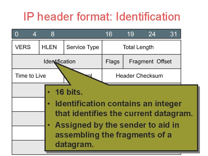 IP header format: Identification • 16 bits. • Identification contains an integer that identifies