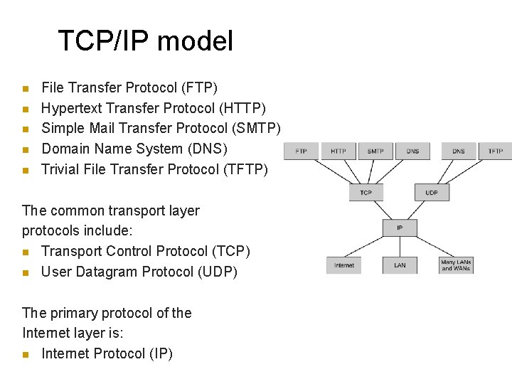 TCP/IP model n n n File Transfer Protocol (FTP) Hypertext Transfer Protocol (HTTP) Simple