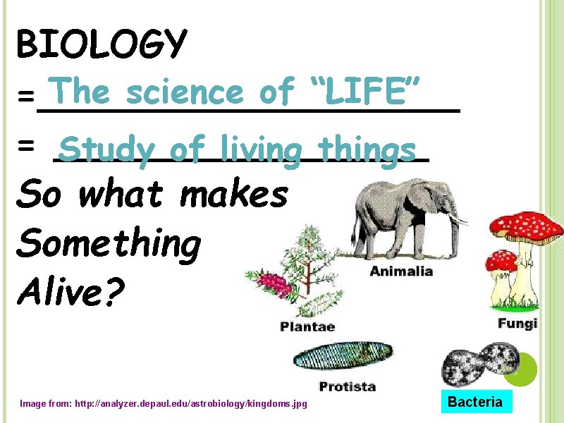 BIOLOGY The science of “LIFE” =_________ = ________ Study of living things So what
