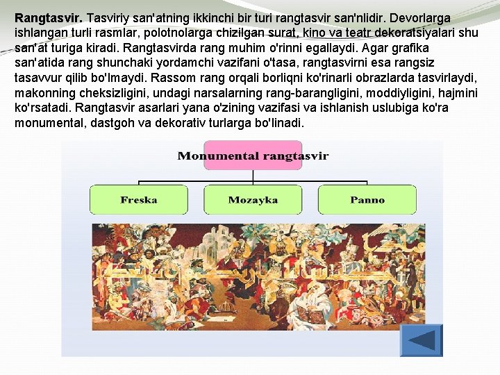 Rangtasvir. Tasviriy san'atning ikkinchi bir turi rangtasvir san'nlidir. Devorlarga ishlangan turli rasmlar, polotnolarga chizilgan