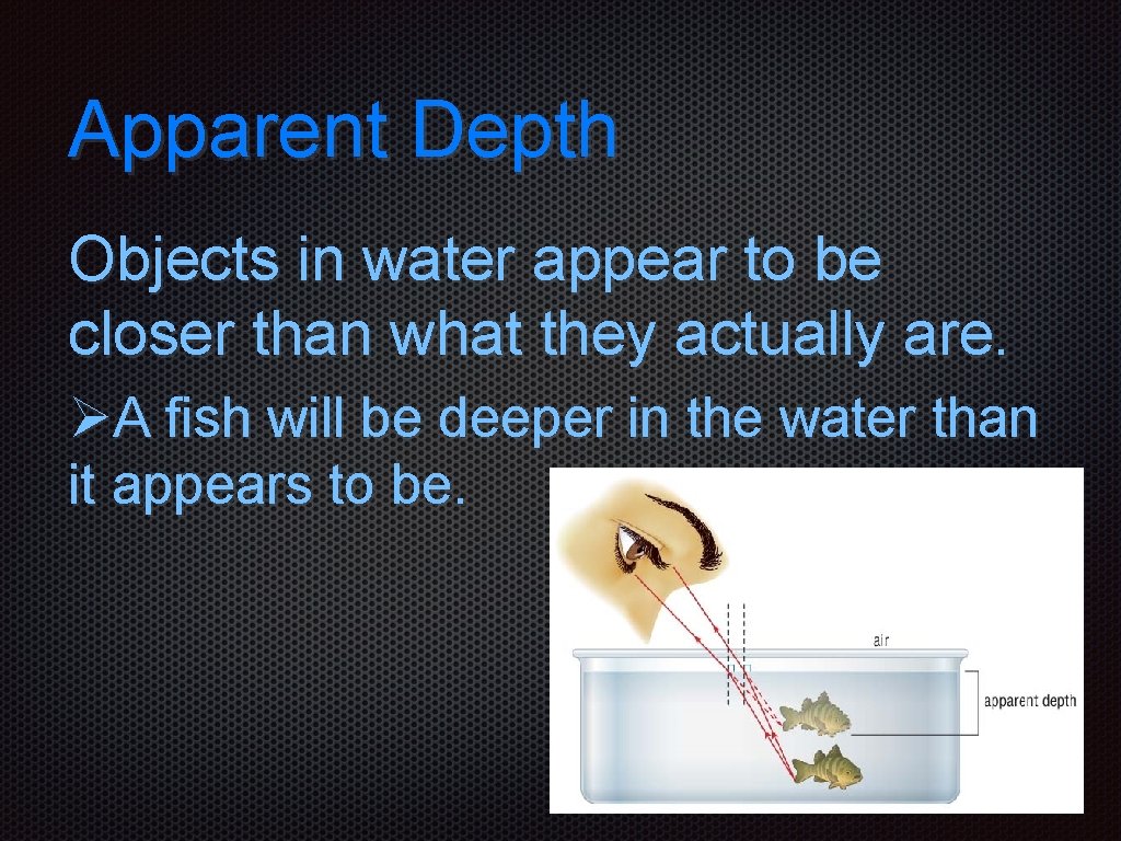 Apparent Depth Objects in water appear to be closer than what they actually are.