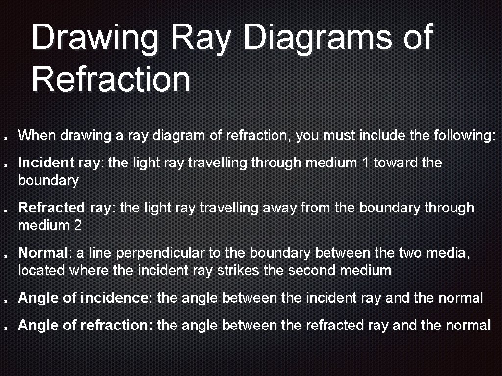 Drawing Ray Diagrams of Refraction When drawing a ray diagram of refraction, you must