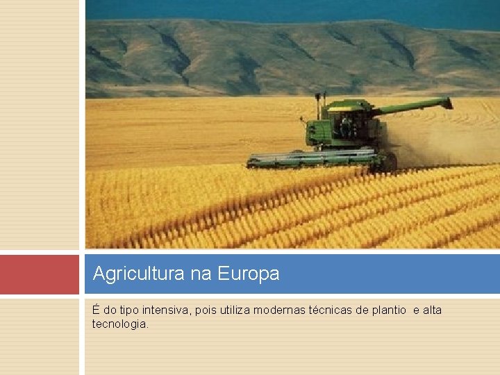 Agricultura na Europa É do tipo intensiva, pois utiliza modernas técnicas de plantio e