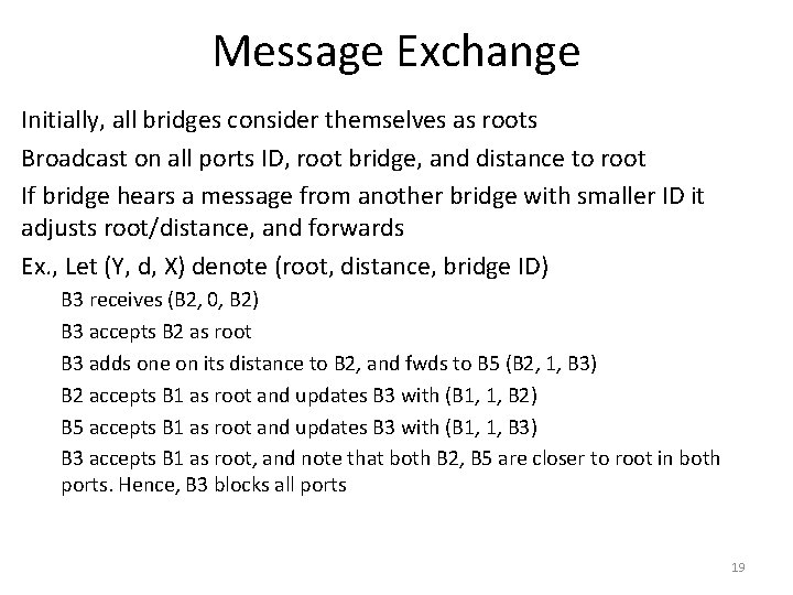 Message Exchange Initially, all bridges consider themselves as roots Broadcast on all ports ID,