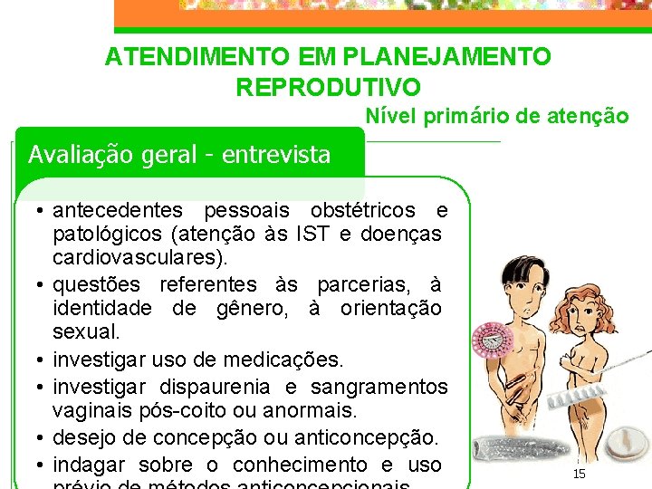 ATENDIMENTO EM PLANEJAMENTO REPRODUTIVO Nível primário de atenção Avaliação geral - entrevista • antecedentes