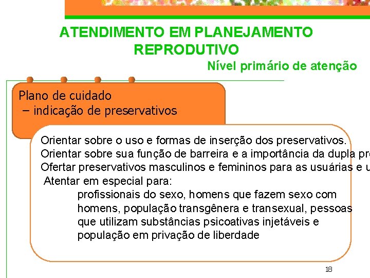 ATENDIMENTO EM PLANEJAMENTO REPRODUTIVO Nível primário de atenção Plano de cuidado – indicação de