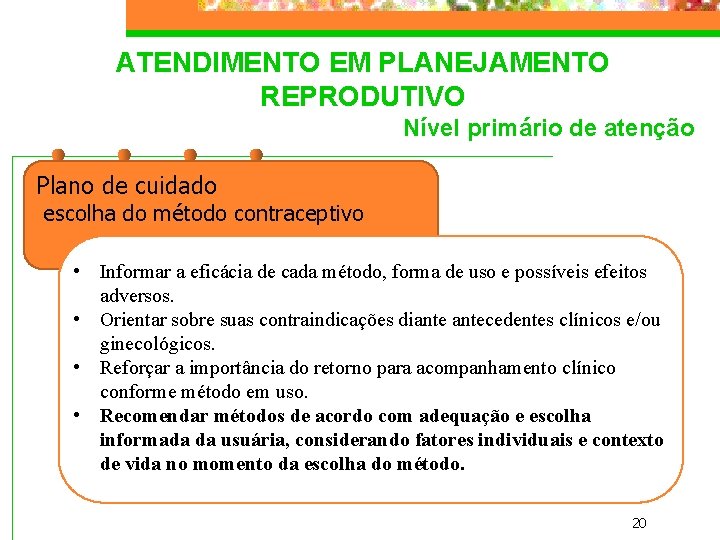 ATENDIMENTO EM PLANEJAMENTO REPRODUTIVO Nível primário de atenção Plano de cuidado escolha do método