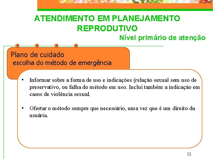 ATENDIMENTO EM PLANEJAMENTO REPRODUTIVO Nível primário de atenção Plano de cuidado escolha do método