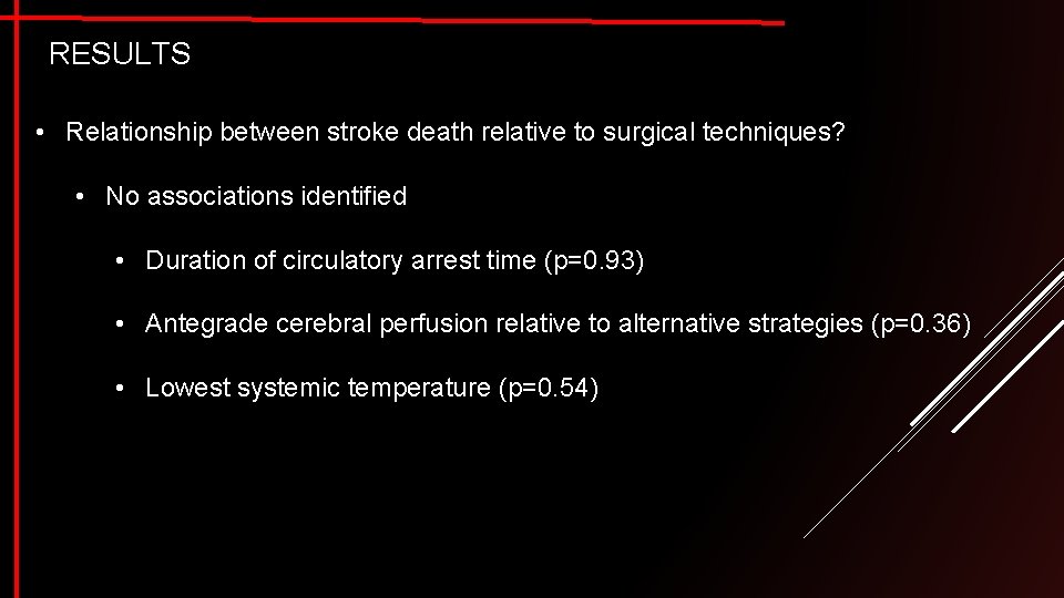 RESULTS • Relationship between stroke death relative to surgical techniques? • No associations identified