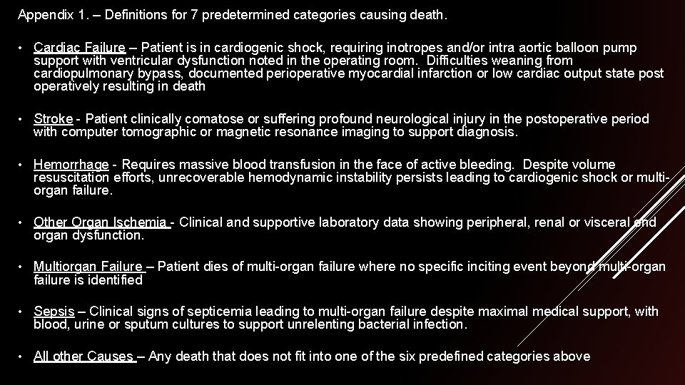 Appendix 1. – Definitions for 7 predetermined categories causing death. • Cardiac Failure –