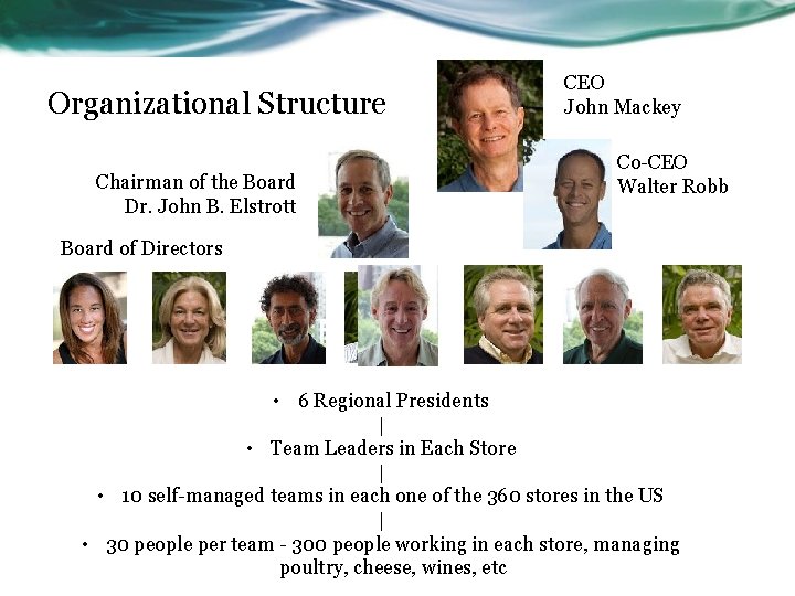 Organizational Structure Chairman of the Board Dr. John B. Elstrott CEO John Mackey Co-CEO