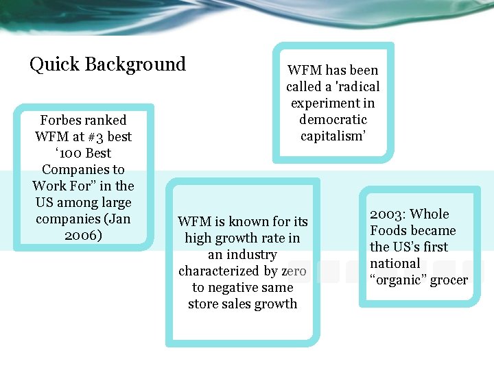 Quick Background Forbes ranked WFM at #3 best ‘ 100 Best Companies to Work