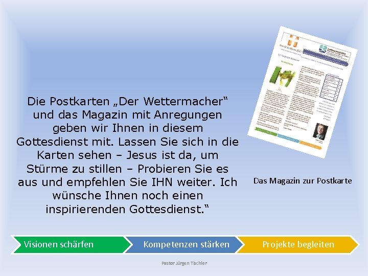 Die Postkarten „Der Wettermacher“ und das Magazin mit Anregungen geben wir Ihnen in diesem