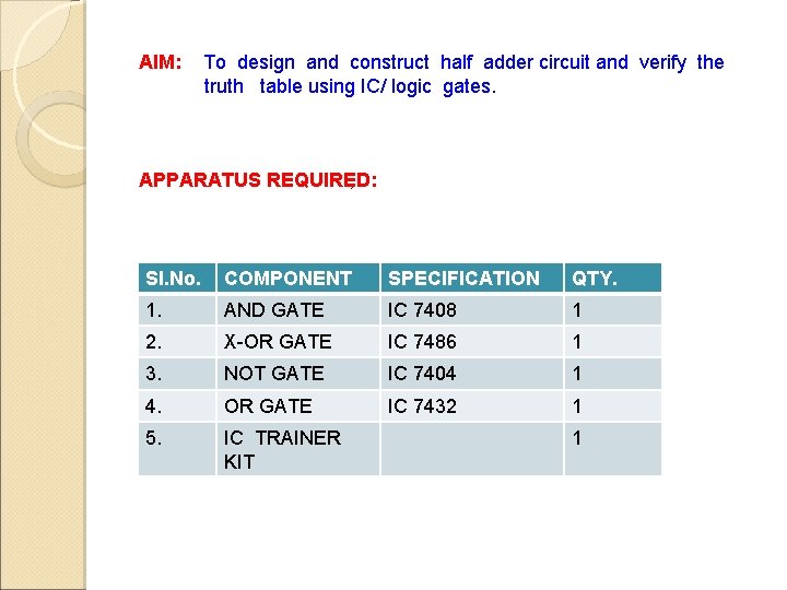 AIM: To design and construct half adder circuit and verify the truth table using