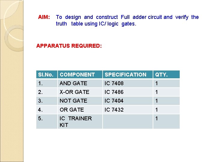 AIM: To design and construct Full adder circuit and verify the truth table using