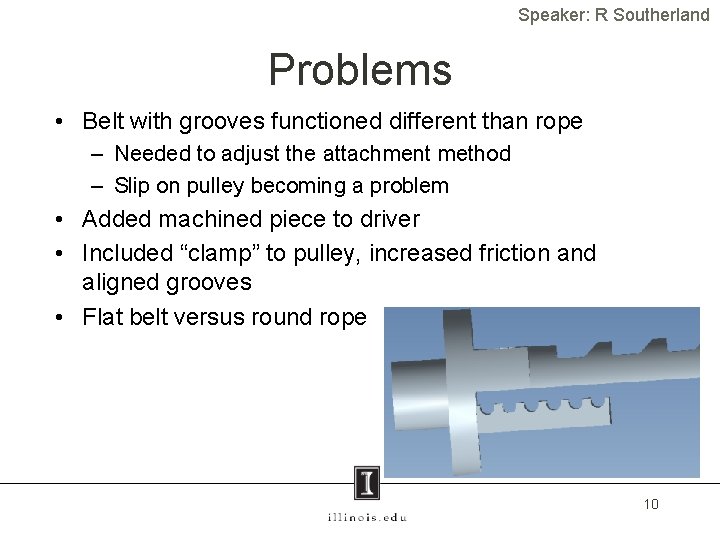 Speaker: R Southerland Problems • Belt with grooves functioned different than rope – Needed