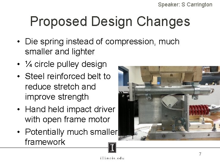 Speaker: S Carrington Proposed Design Changes • Die spring instead of compression, much smaller