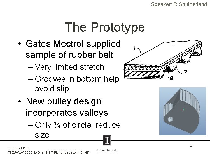 Speaker: R Southerland The Prototype • Gates Mectrol supplied sample of rubber belt –