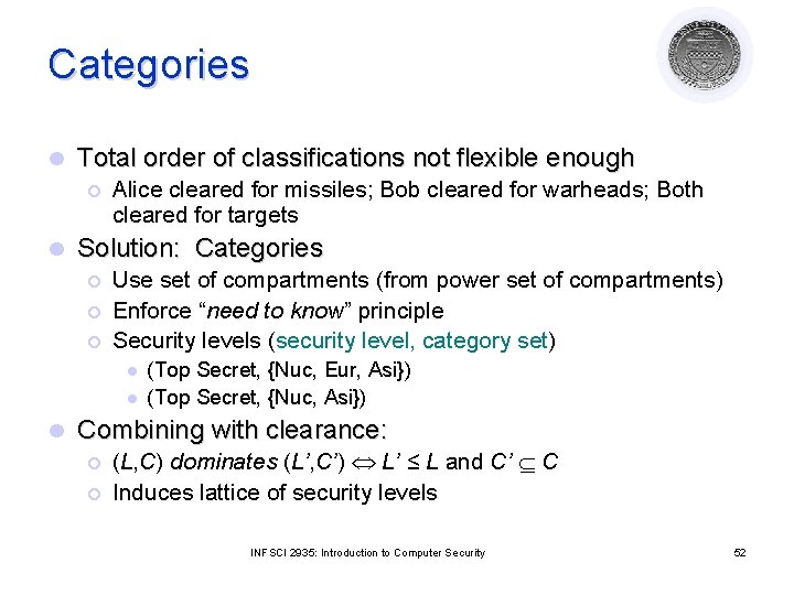 Categories l Total order of classifications not flexible enough ¡ l Alice cleared for