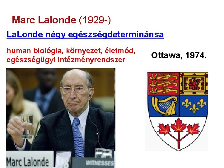 Marc Lalonde (1929 -) La. Londe négy egészségdeterminánsa human biológia, környezet, életmód, egészségügyi intézményrendszer