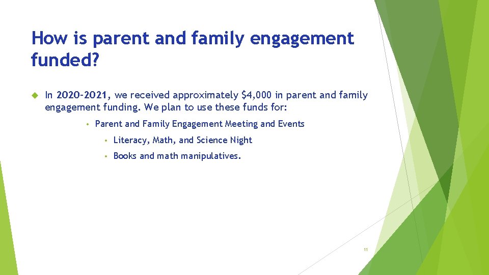 How is parent and family engagement funded? In 2020 -2021, we received approximately $4,
