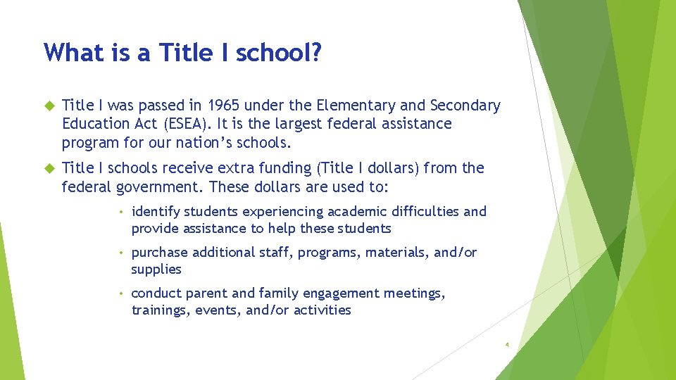 What is a Title I school? Title I was passed in 1965 under the