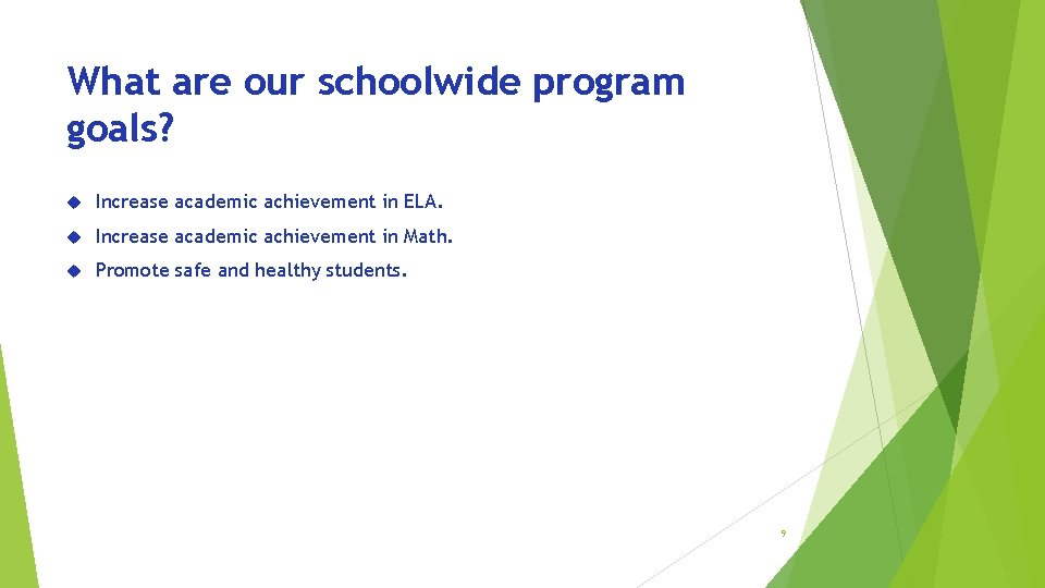 What are our schoolwide program goals? Increase academic achievement in ELA. Increase academic achievement