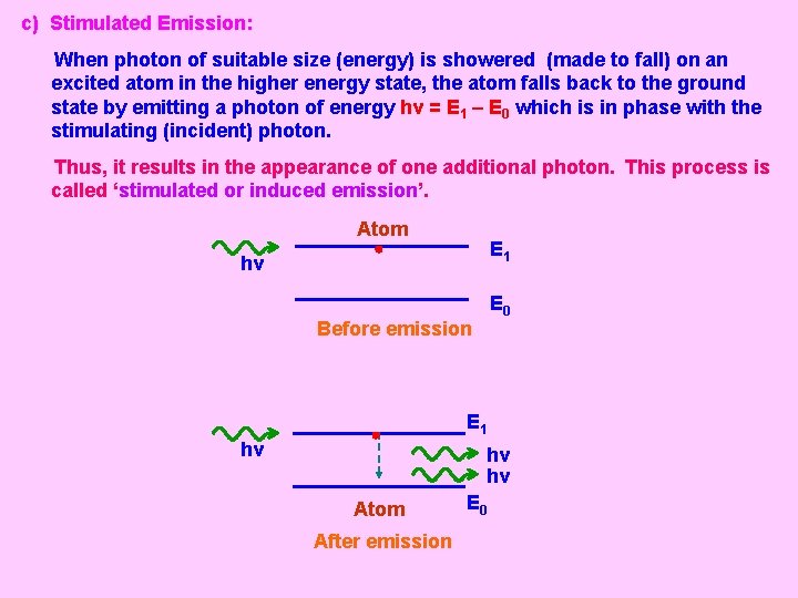 c) Stimulated Emission: When photon of suitable size (energy) is showered (made to fall)