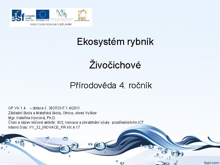 Ekosystém rybník Živočichové Přírodověda 4. ročník OP VK 1. 4. – dotace č. 3937/21/7.