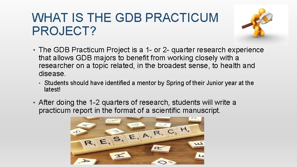 WHAT IS THE GDB PRACTICUM PROJECT? • The GDB Practicum Project is a 1