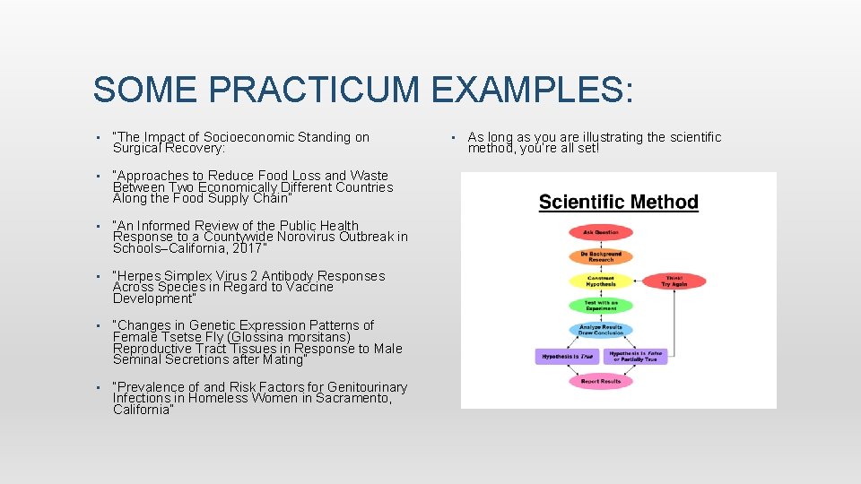 SOME PRACTICUM EXAMPLES: • “The Impact of Socioeconomic Standing on Surgical Recovery: • “Approaches