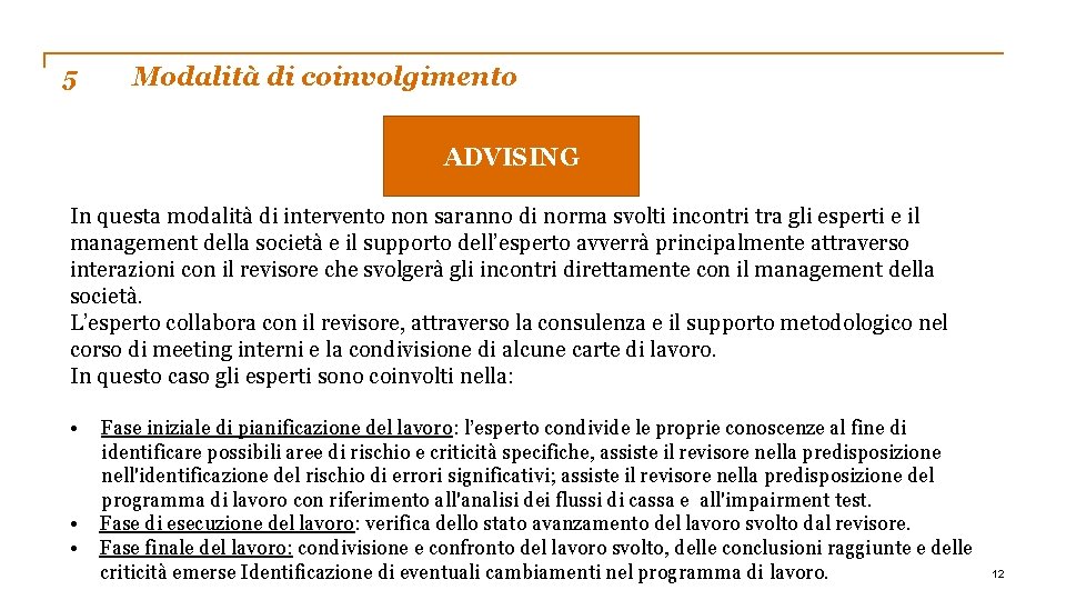 5 Modalità di coinvolgimento ADVISING In questa modalità di intervento non saranno di norma