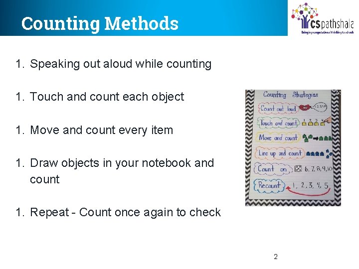 Counting Methods 1. Speaking out aloud while counting 1. Touch and count each object