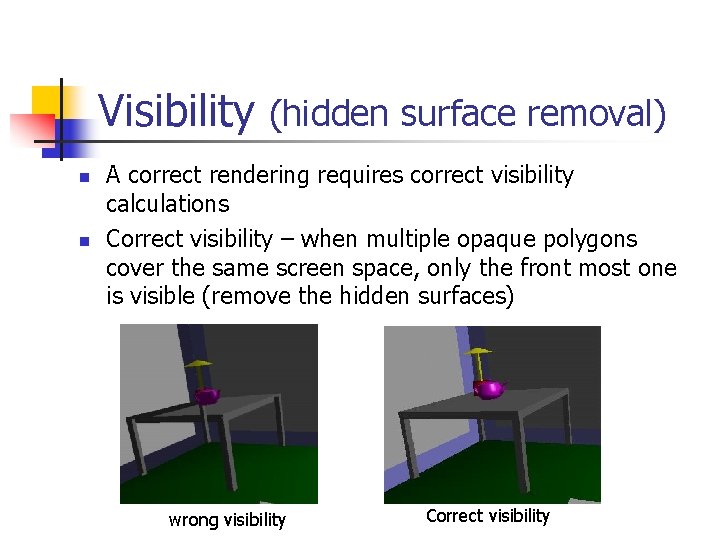 Visibility (hidden surface removal) n n A correct rendering requires correct visibility calculations Correct