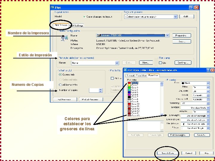 Nombre de la Impresora Estilo de Impresión Numero de Copias Colores para establecer los