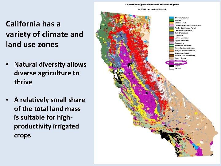California has a variety of climate and land use zones • Natural diversity allows
