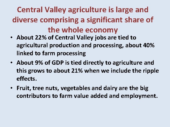 Central Valley agriculture is large and diverse comprising a significant share of the whole